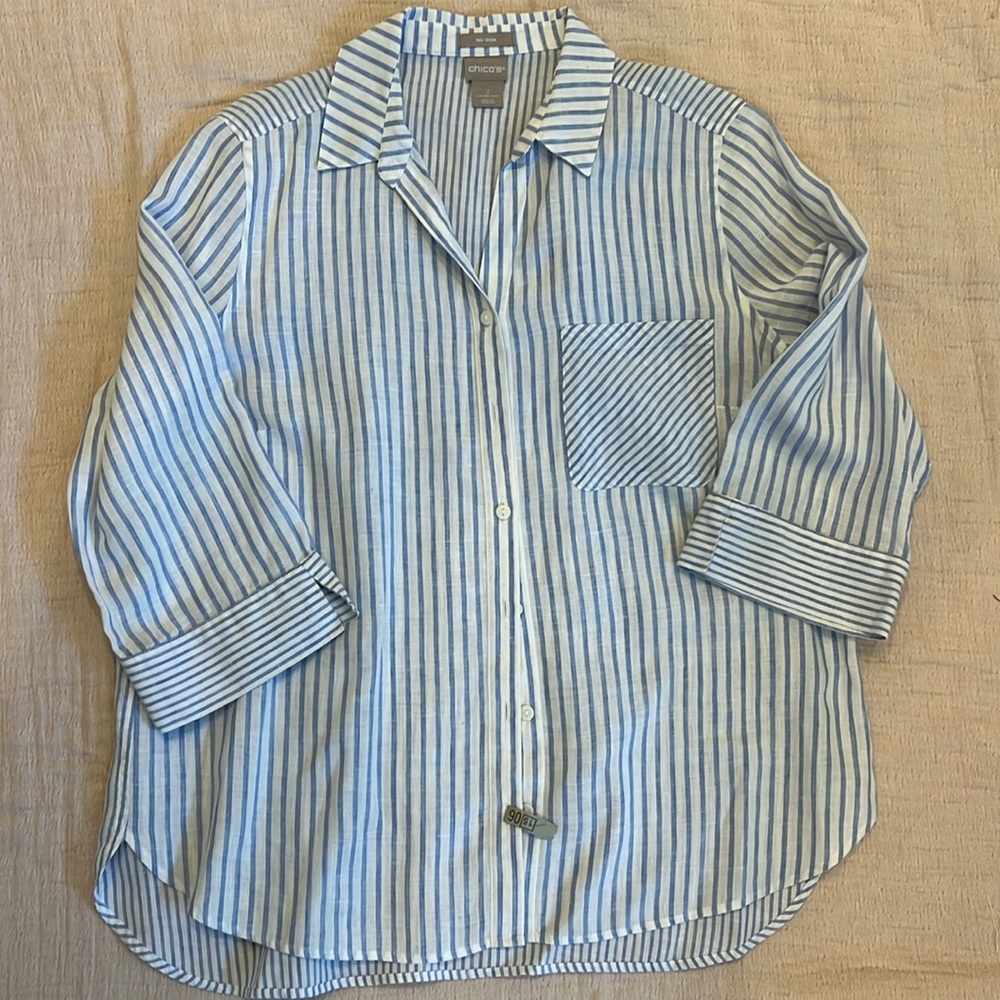 CHICOS blue striped linen shirt